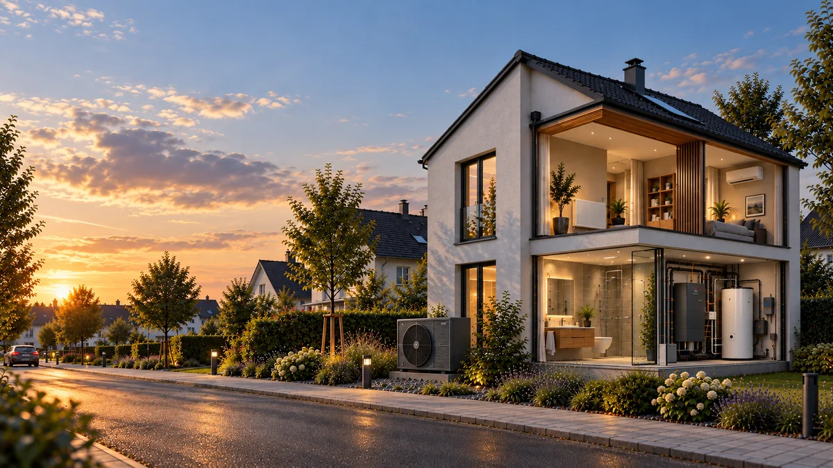 Illustration eines Hauses mit Wärmepumpe und sichtbarer Haustechnik