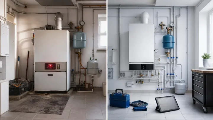 Symbolbild: Heizungsanlage und Warmwasserspeicher im Keller