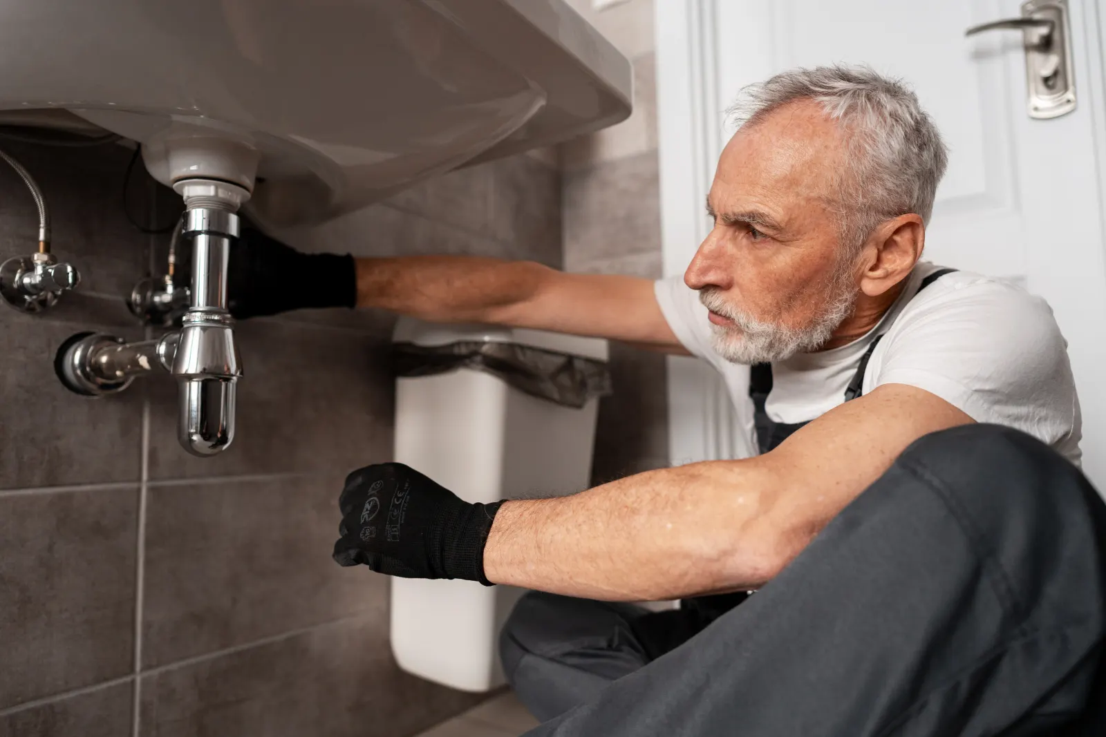 Klempner montiert einen Siphon unter einem Waschbecken