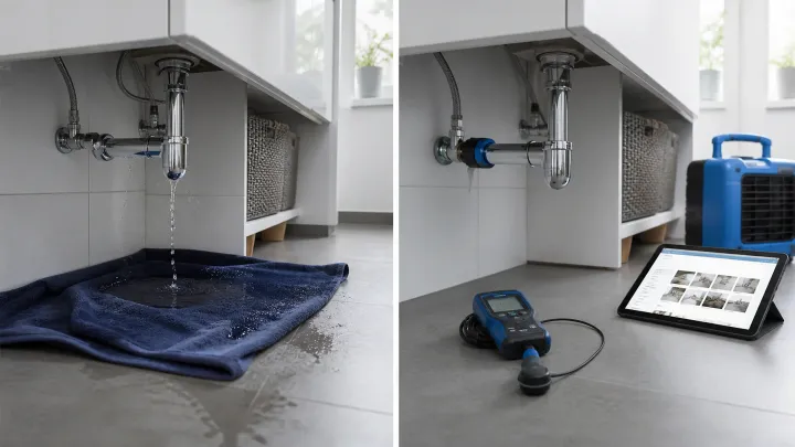 Symbolbild: Wasserschaden unter dem Waschbecken mit Messgerät